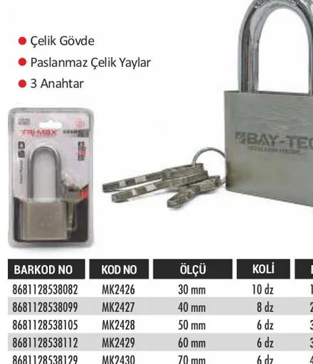 BAYTEC ÇELİK ASMA KİLİT 50MM